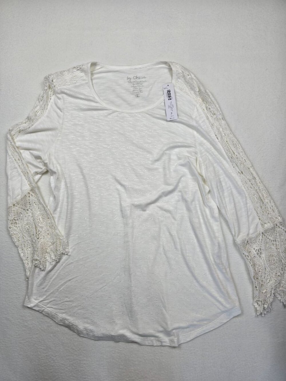 NEW Chicos White Lace Sleeve Scoop Neck Top Size 2 Large Romantic Coquette